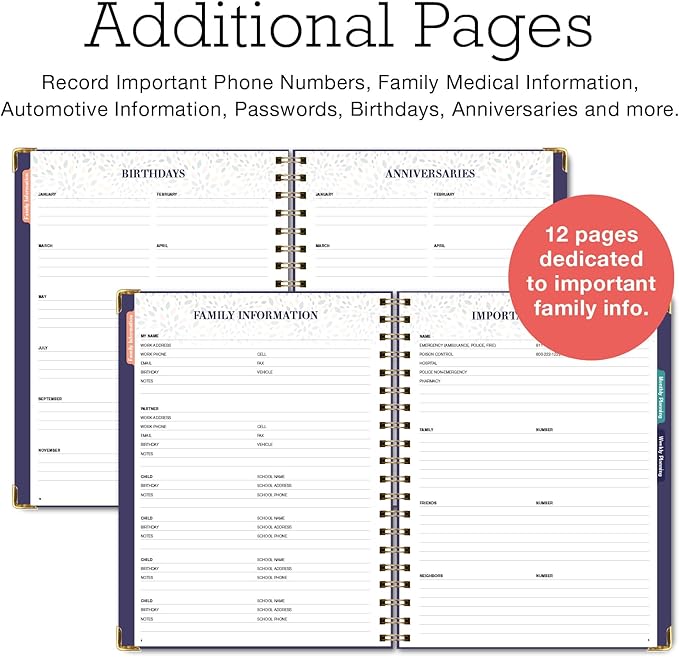 Undated Family Planner Organizer – 8.5" x 11" Weekly & Monthly Calendar for 5+ People, Meal Planning, Budgeting, Habit Tracker – Hardcover, Household Schedule Organizer for Parents, Kids, & Caregivers (Small Navy Floral)
