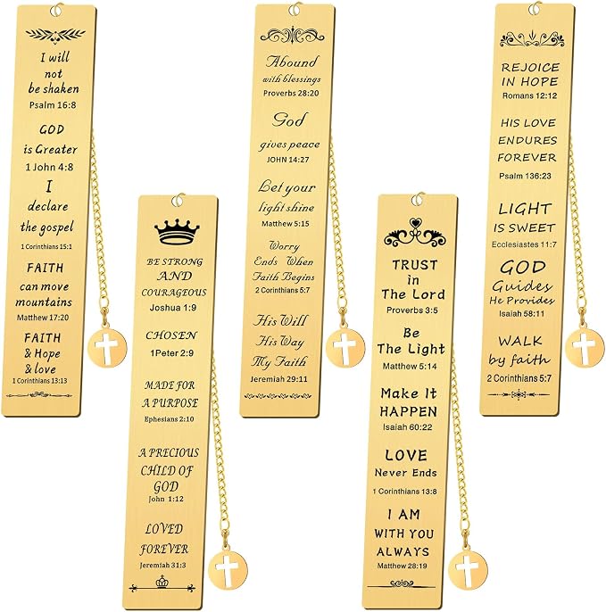 Fainne 5 Pcs Bible Verse Metal Bookmark Christian Gifts for Women Men Baptism Inspirational Religious Bookmarks with Church Cross Chain Scripture for First Communion Book Lovers Christian Gift(Gold)
