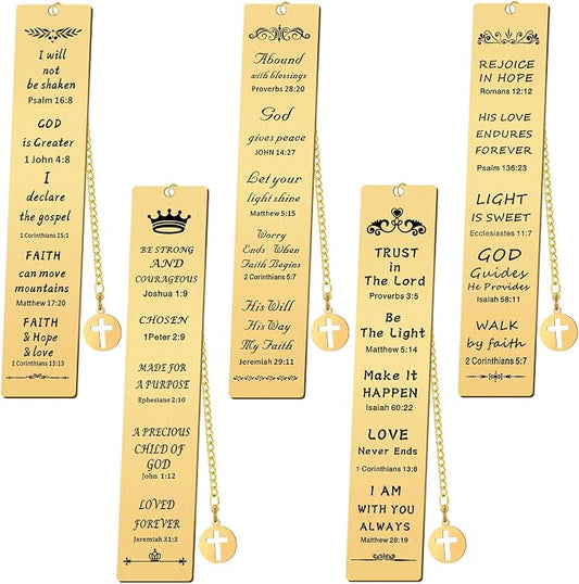 Fainne 5 Pcs Bible Verse Metal Bookmark Christian Gifts for Women Men Baptism Inspirational Religious Bookmarks with Church Cross Chain Scripture for First Communion Book Lovers Christian Gift(Gold)