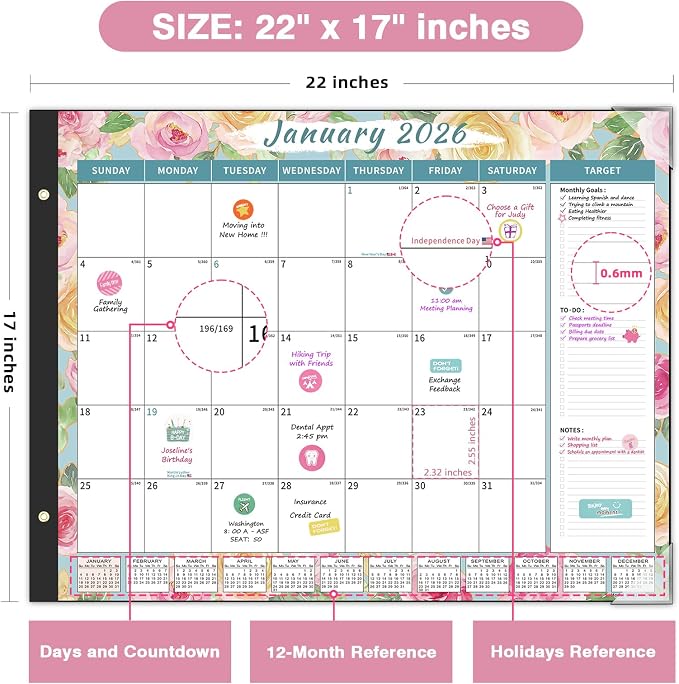Ospelelf 2026 Desk Calendar Large 22'' x 17'', Monthly Desktop Calendar with Plastic Cover, 18 Month Calendar for Office, Family, Use Jan 2026 - June 2027, Floral
