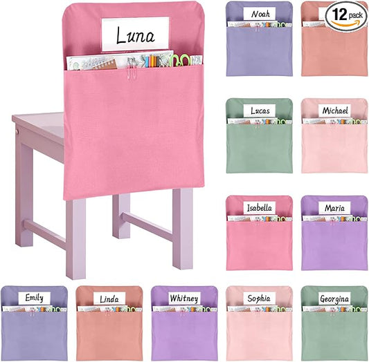 gisgfim 12 Pcs Chair Pockets for Classroom 17 x 20 Inch s with Name Tag for Classroom Chairback Pouch Bag Organizer for Student Elementary School Daycare Supply (Pastel Pink)