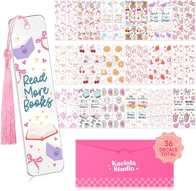 Kaciola 36 Sheets Pink Bow Theme UV DTF Bookmark Wraps, Acrylic Bookmark Blanks UV DTF Stickers, Rub on Transfers for Book Lover DIY (Blank Bookmarks Not Included)