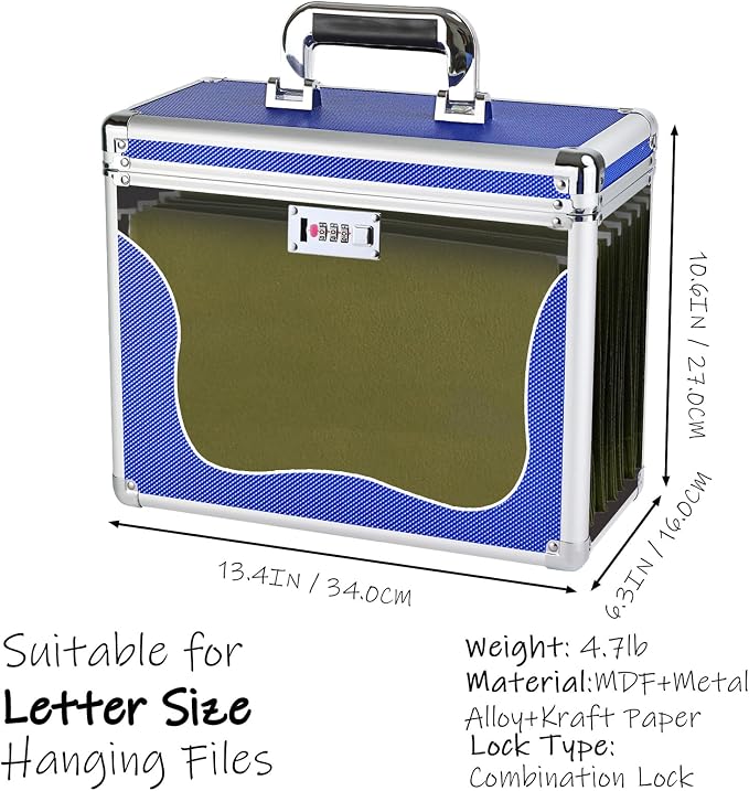 File Storage Cabinet for Letter Size Hanging File Folders, Suspension File Holder, Document Organizer Filing Lockbox in Office and Home with Combination Lock and 10-pack Hanging Files (Blue, Letter)
