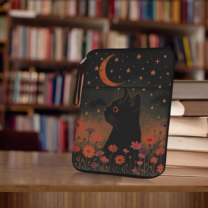 Book Sleeve Pouch Black Cat Book Covers for Paperback with Zipper and Front Pocket, PU Leather Waterproof Book Sleeve for Book Lovers Librarian Friend Gifts