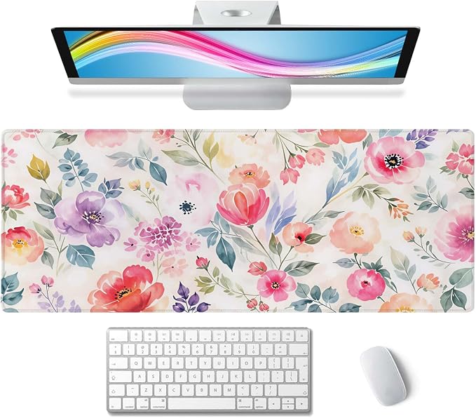 Watercolor Floral Botanical Pattern Desk Mat, Extended Big Mouse Mat for Home and Office, Large Gaming Mousepad Laptop Keyboard Mat with Non-Slip Rubber Base, Stitched Edges (31.50"x11.8"x0.12")