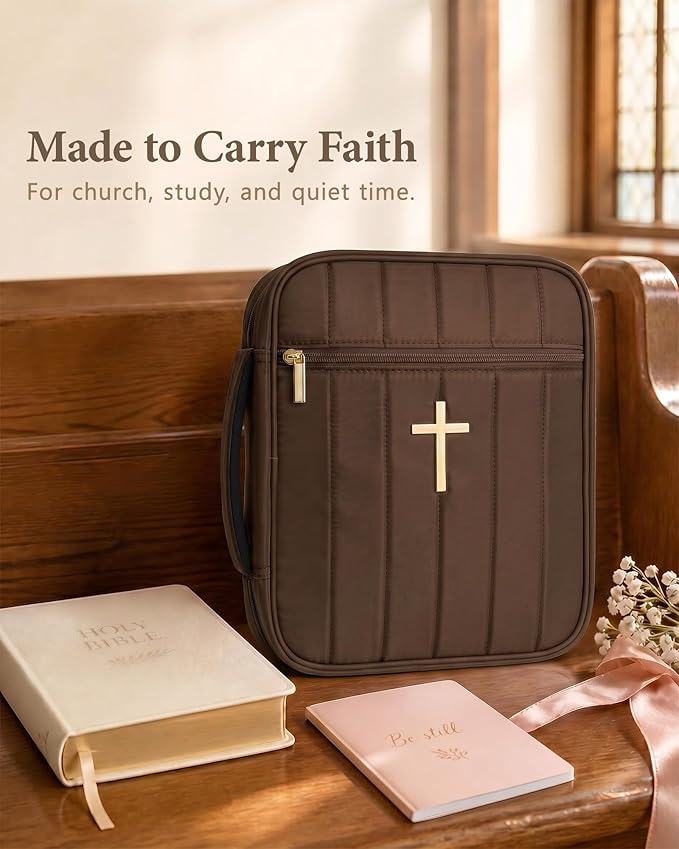 Wuflyover Bible Bag for Women with Study Set, Quilted Bible Cover Case with Handle, Bible Carrying Case for Church, Tabs, Notes, Pens and Highlighters, (Brown+Study Accessories)