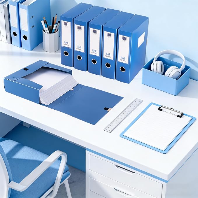 Storage File Boxes A4, 5 Pack Foldable Plastic Archives Cases with Lid, 30.8 x 23.5 x 7.5cm, Document File Folder Organizer Storage Filing Box for Office School, Blue