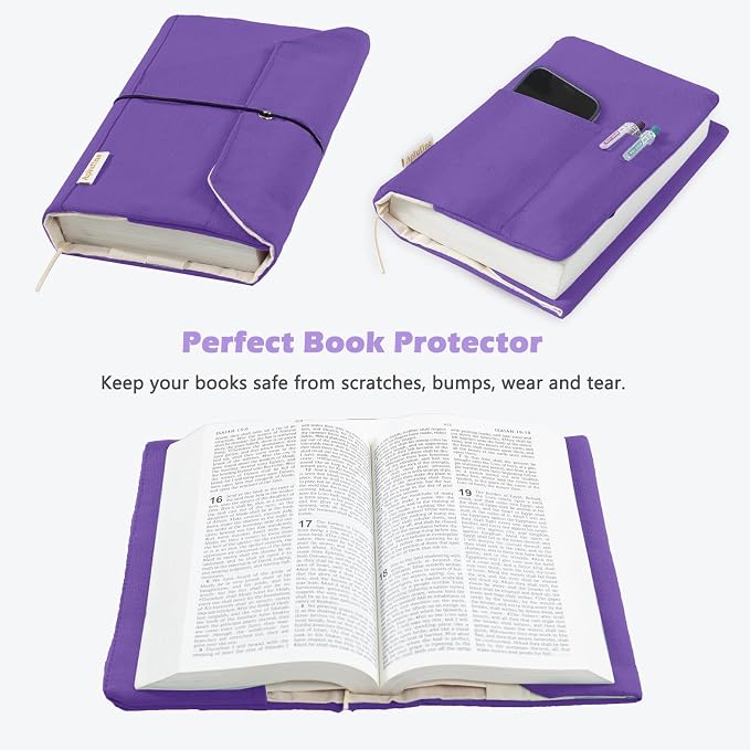 APLUFINE Canvas Book Covers, Washable Book Protector, Jumbo Book Cover for Paperback Novels, Adjustable Book Cover for Hardcover with Pockets for Pen, Soft Cover Books, Book Lovers Gifts, Lavender