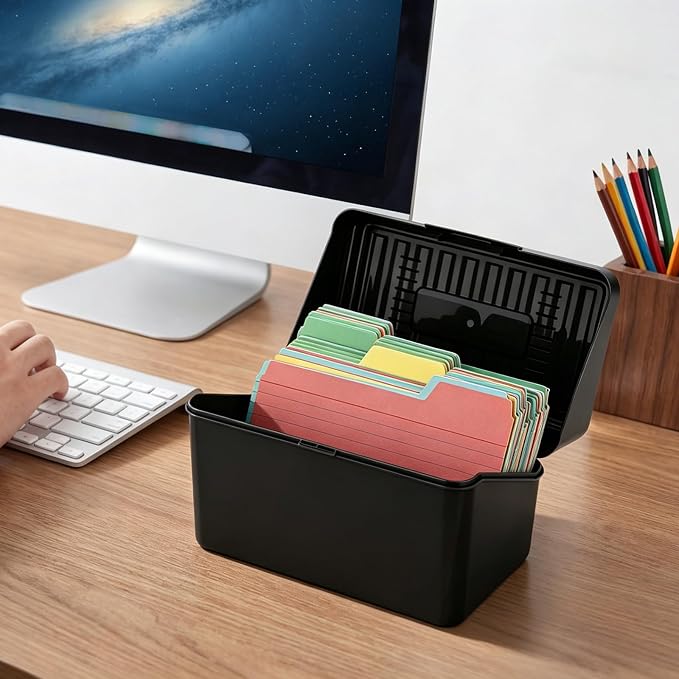 BTSKY 1 Pack 4 x 6 inch Index Card Box-Index Card Holder Notecard Box Recipe Card Box Plastic Storage Organizer for Filling Index Cards,Note cards, Flashcards, Recipes and etc,Black
