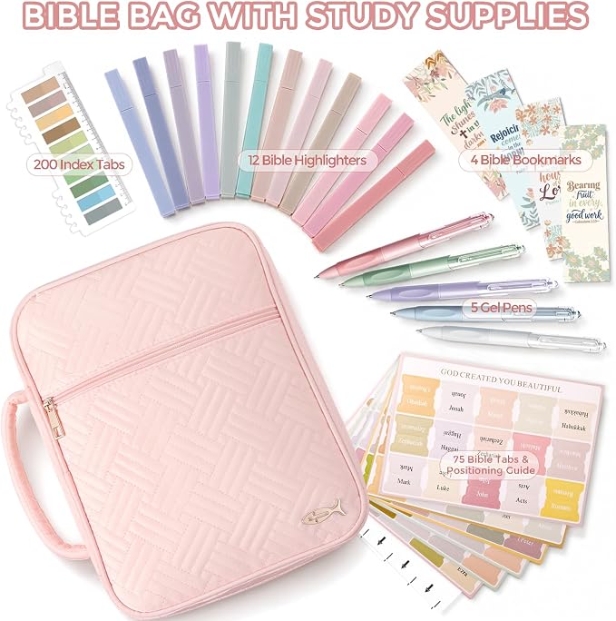 XKDOUS Bible Cover Case for Women, Large Bible Cover with Durable Handle, Washable Quilted Bible Case, Bible Study Supplies & Christian Gifts for Mom, Women, Men (Pink)