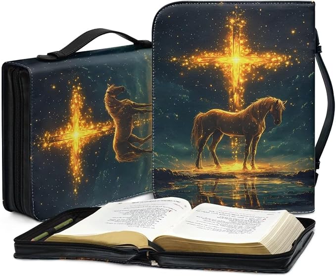 Bible Covers for Women Horse Gold Cross PU Leather Bible Case with Handle Waterproof Bible Protector Lightweight Bible Tote Bag for Man