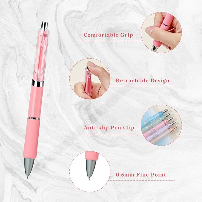 Temiary 5 Pcs Retractable Gel Pens, 0.5 mm Black Ink Fine Point Quick Dry Gel Ink Pen, Aesthetic Smooth Writing for School Office Journaling Note Taking and Sketching (Pink)