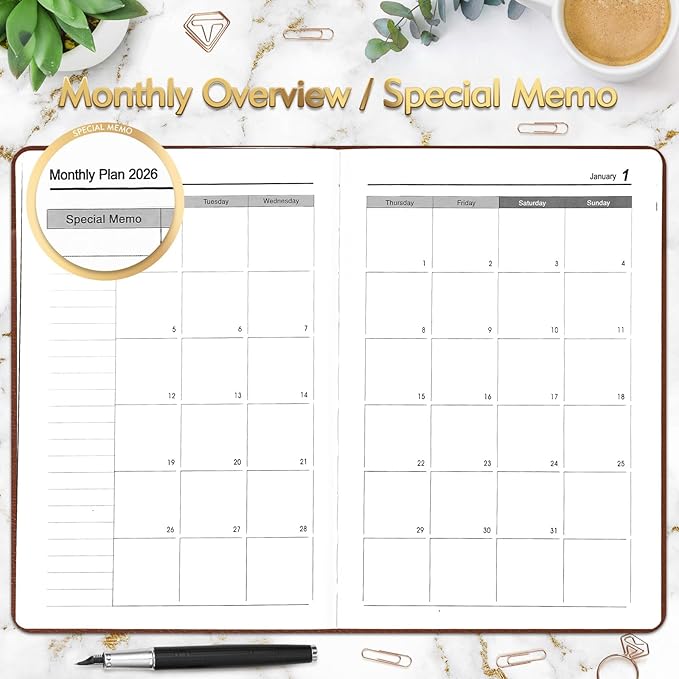 KESOTE 2026 Daily Hourly Planner - One Page a Day, 2026 Diary 5.7 x 8.3" Hardcover Weekly Monthly Planner Agenda 12 Month, A5 Notebook, Brown
