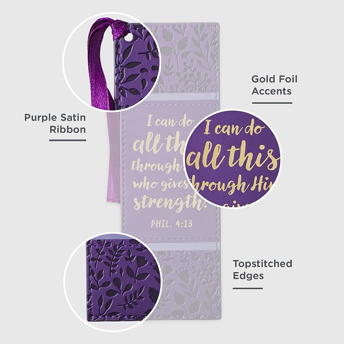 Christian Art Gifts Inspirational Premium Vegan Leather Scripture Bookmark for Women: I Can Do All This Encouraging Bible Verse, Satin Ribbon Tassel for Reading, Heat-Debossed, Purple Floral & Gold