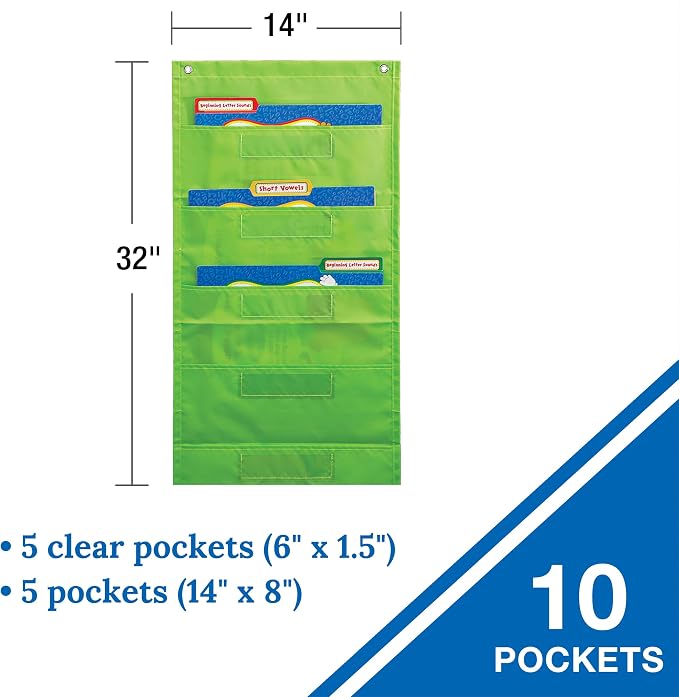 Carson Dellosa 14" x 47" Lime Green Hanging File Folders Storage Pocket Chart, 10 Pocket Paper Organizer for Games, Teacher Supplies for Homeschool, Classroom and Office Organization
