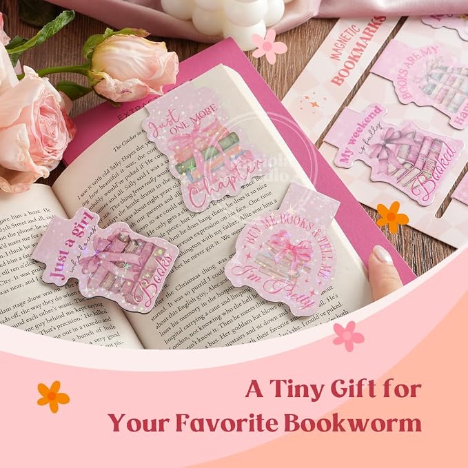 Kaciola Studio 12PCS Glittery Magnetic Bookmarks for Women, Pink Booklovers Theme Funny Magnetic Bookmarks, Magnets Cute Book Marks for Book Lovers Gifts, Cute Gifts for Booklovers Reader Girls
