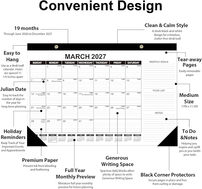 GuassLee Desk Calendar 2026-2027 (Jun. 2026 - Dec. 2027), 19 Months Calendar 17" × 11.5" Desktop Planner with Julian Date, Monthly Goals, Academic To-Do List, for Home, Office, School & Teachers