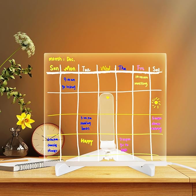 LED Note Board with Colors, Acrylic Led Note Board with Colors, Light up Dry Erase Board with Stand & 7 Pens, Glowing Memo Letter Message Board for Home Office School (7.87" x 7.87")