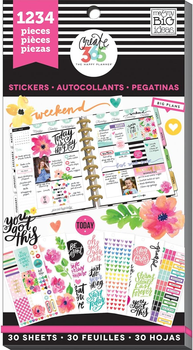 me & my BIG ideas Sticker Value Pack - The Happy Planner Scrapbooking Supplies - Today Is The Day Theme - Multi-Color & Gold Foil - Great for Projects & Albums - 30 Sheets, 1234 Stickers Total