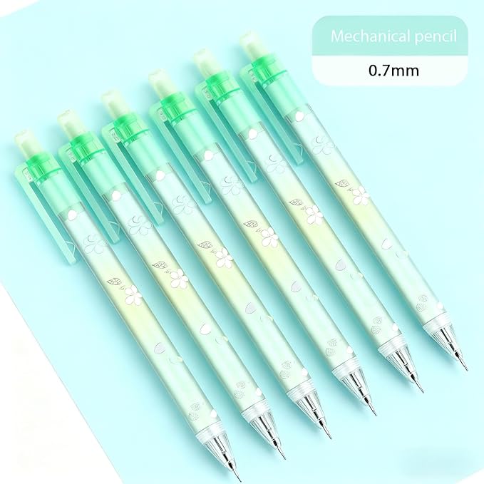 6Pcs Cute Green Cherry Blossom Mechanical Pencils 0.5mm&0.7mm Mechanical Pencil Kawaii Pencils School Pencil for Students Women Office School Suppies