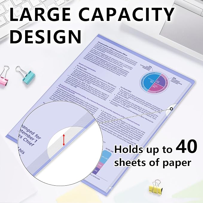 HOUYEE 12 Pack Clear Document Folders, L-Type Plastic File Folder Sleeves, Project Folders Paper Sheet Protectors for 8.5" x 11" Letter Size, for Home, Office, and School Use (6 Assorted Colors)