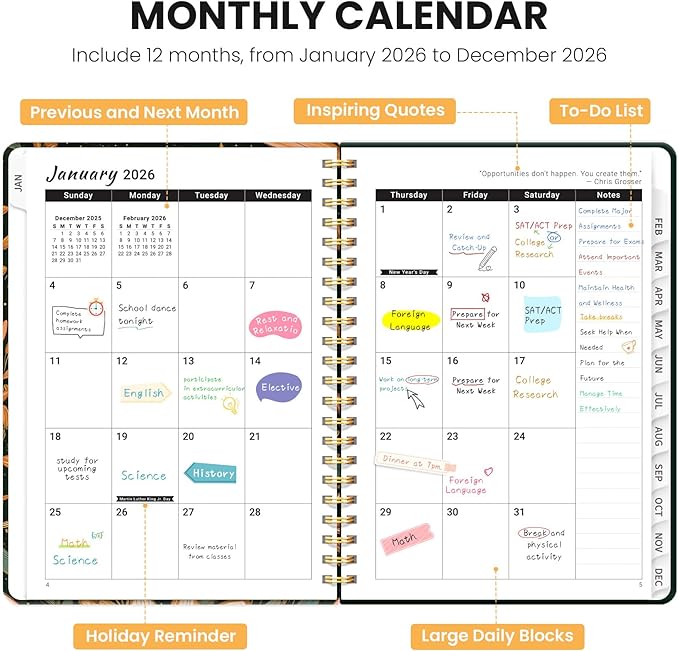 2026 Planner, Weekly and Monthly Planner for Women, January 2026 - December 2026, Hardcover 2026 Calendar Planner Book with Tabs, Inner Pocket, Spiral Bound, Perfect for Office Home School Supplies - A5 (6.3" x 8.5"), Golden Lilies