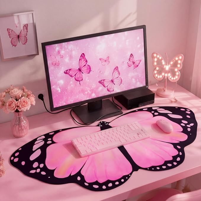 Tellegloww Large Pink Butterfly Gaming Mouse Pad Desk Mat Decorative Butterfly Keyboard Desk Mat with Non-Slip Base Table Accessories for Office Home Study 35.43 x 15.75 Inches