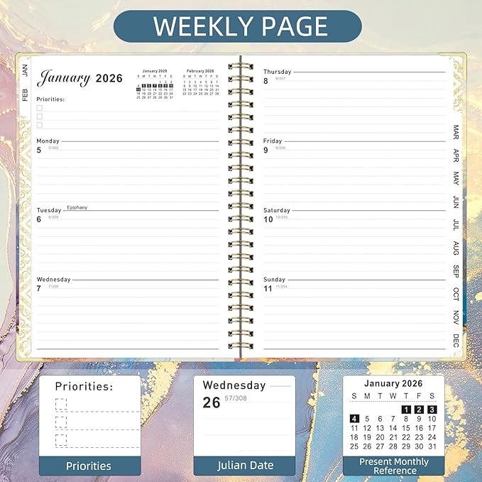 2026 Planner, Jan.2026 - Dec.2026 Weekly Monthly Planner 6.25"x8.5" with Page Tabs, Calendar Hardcover with Inner Pocket, Elastic Band, Twin-Wire Binding, Bookmark, Blue Gold Marble