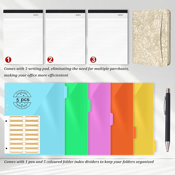 Leathario Portfolio Binder, Includes 5 Folder Index Dividers and 3 Notepads, 3-Ring Folder Organizer, Padfolio with Zipper, Vegan Leather Tablet Sleeve, Business Office Conference Clipboards