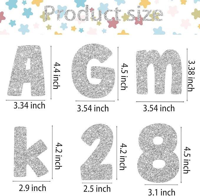 225Pcs Glitter Bulletin Board 4inch Letters with Adhesive Dots Punctuation Symbols Cutout for Classroom Numbers Alphabet School Display Decorating Supplies (Silver)