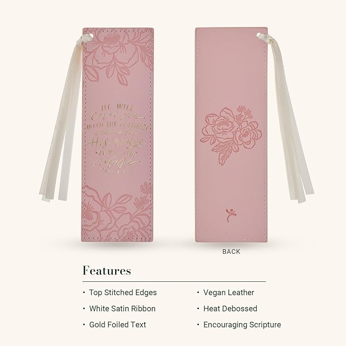 Christian Art Gifts Premium Vegan Leather Inspirational Scripture Bookmark for Women: Under His Wings Encouraging Bible Verse, Satin Ribbon, Reading Accessory for Books, Bibles, Pink & Gold Floral