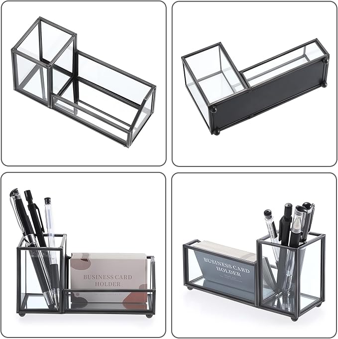 Hipiwe Glass Business Card Holder Metal Pen Pencil Storage Holder for Desk Clear Business Card Display Organizer Case for Office Home,2 Slots,Black