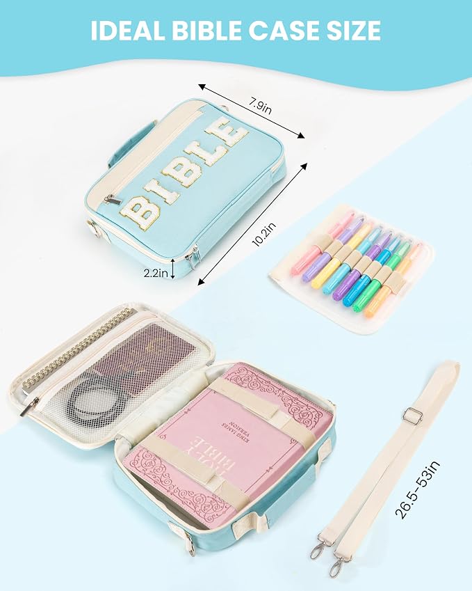 PLOZANO Bible Cover Case for Women, Large Chenille Letter Bible Bag with Shoulder Strap,Blue Bible Carrying Tote Bags for Bible Study Accessories, for Women Lady Teen Grils (Blue)