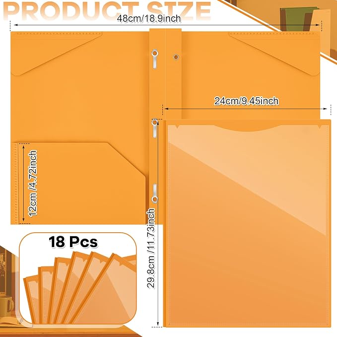 Henoyso 18 Pcs Plastic Folder with Clear Front Pocket and 3 Prong Plastic Folders with Card Slot Pocket Folders with Prongs for School Office (Orange)