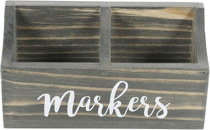 MyGift Magnetic Mount Vintage Gray Solid Wood Dry Erase Marker and Eraser Holder with 2 Compartments, Desktop Office Supplies Storage Organizer Bin with White Cursive Marker Lettering