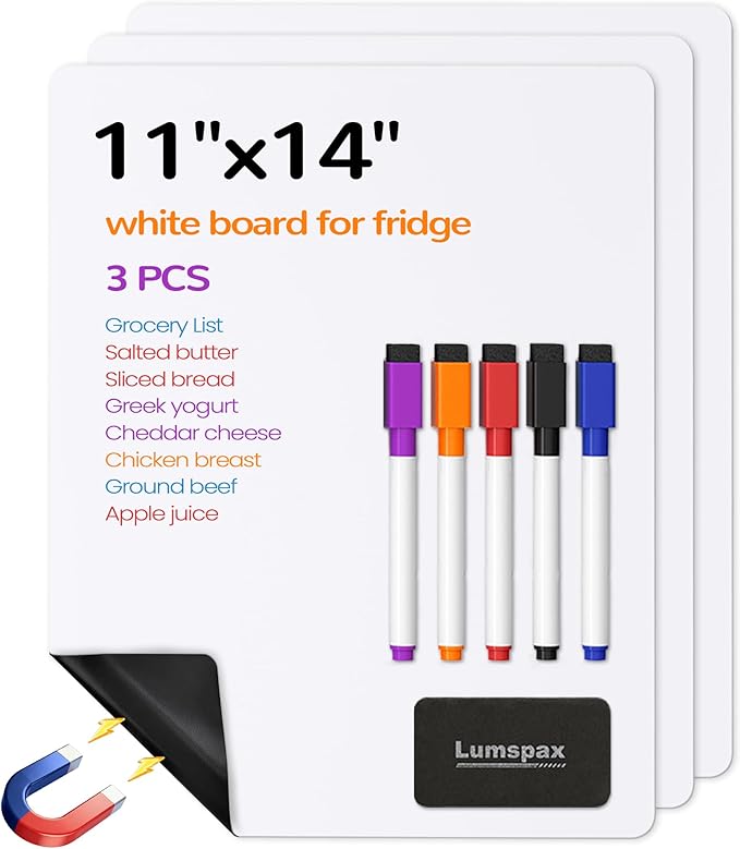 Magnetic Whiteboard Sheets for Fridge, 3 PCS 11" x 14" Small Refrigerator Dry Erase Boards for Kitchen Planner and Organizer, 5 Markers and 1 Erase Included