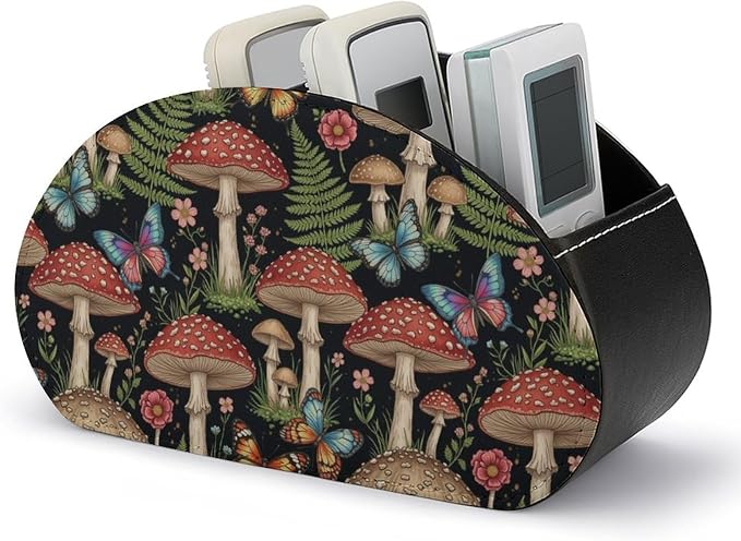 5-Compartment Remote Control Storage, PU Leather Caddy for Media Players, TV Remotes, and Desk Accessories, Mushroom Gifts