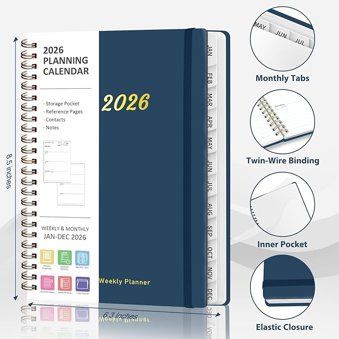 2026 Planner, Weekly and Monthly Calendar Planning Agenda, Jan 2026 - Dec 2026, Academic Planner Book, Desk Accessories and Office Supplies for women & men - A5 (6.3'' x 8.5'')