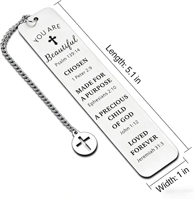 Christian Stainless Steel Bookmark with Cross Pendant – Inspirational Bible Verse Scripture – Perfect Religious Gift for Women, Men, Girls, Baptism, Graduation