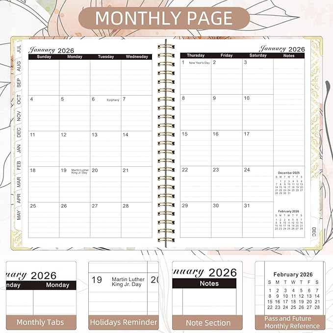 2026 Planner, Jan.2026 - Dec.2026 Planner Weekly and Monthly 6.25"x8.5" with with Page Tabs, Calendar Hardcover with Inner Pocket, Elastic Band, Twin-Wire Binding, Bookmark, Flower