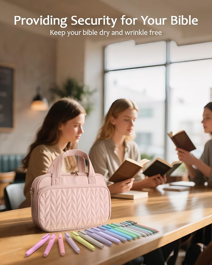 BellaHold Bible Cover Case for Women, Large Bible Bag with Study Supplies, Bible Journaling Kit with Highlighters and Pens No Bleed, Christian Gift for Women (Shoulder Strap, Light Pink)