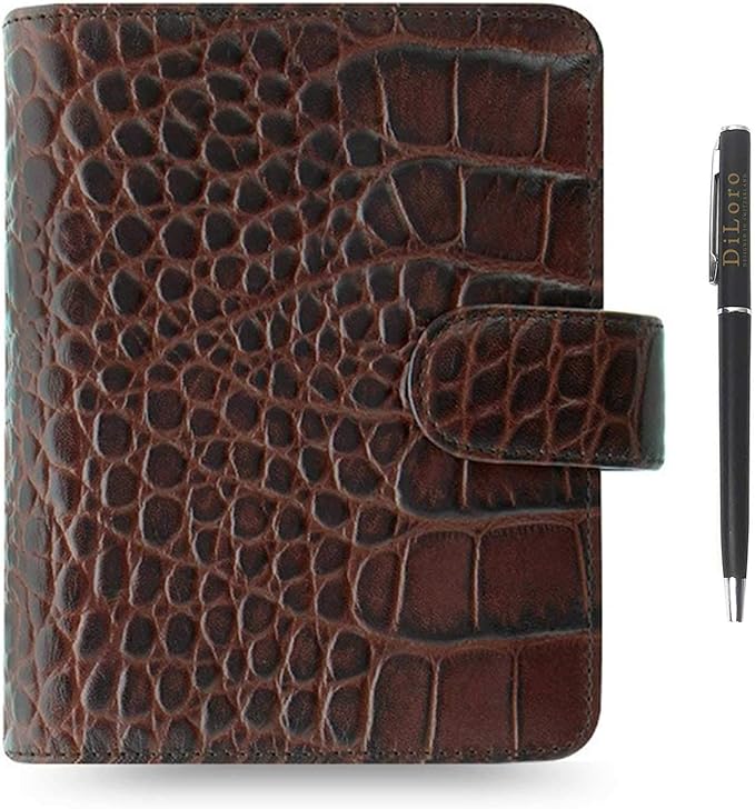 Filofax Classic Croc Print Leather Organizer Agenda Diary Calendar Bundle with DiLoro Ballpoint Pen (Chestnut 2026 With Pen, Pocket Paper Size 4.72" x 3.18")