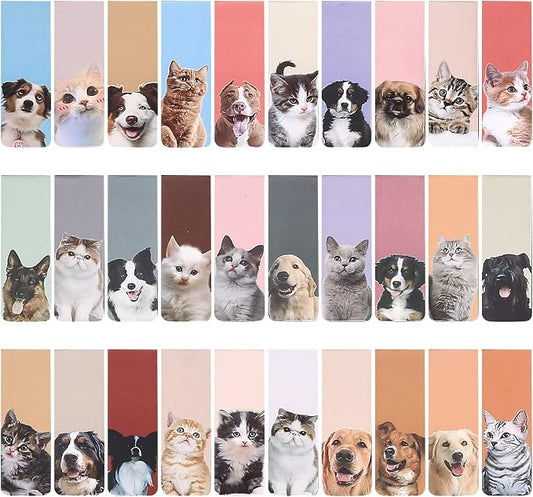Cute Dog & Cat Puppy Animal Page Markers: 30-Pcs Magnetic Bookmarks for Students, Teachers, School, Home or Office Reading