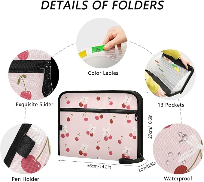 Cherry Striped Bow File Folders,Plastic Folders with 13 Pockets,Expandable File Folder for Documents School Students Office,Aesthetic Folder with Labels A4 Letter Size