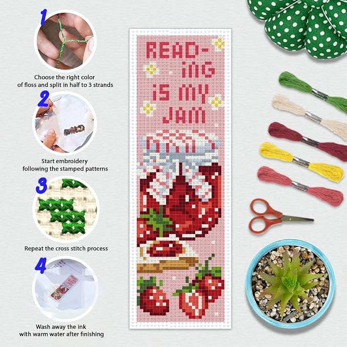 BEUNITONE 6PCS Cross Stitch Bookmarks Kit for Adults Beginners,Strawberry Book Mark DIY Stamped Embroidery Bookmark Kits with Backing Felt Floss,8.5''x3'' Page Markers for Students Teachers Reading