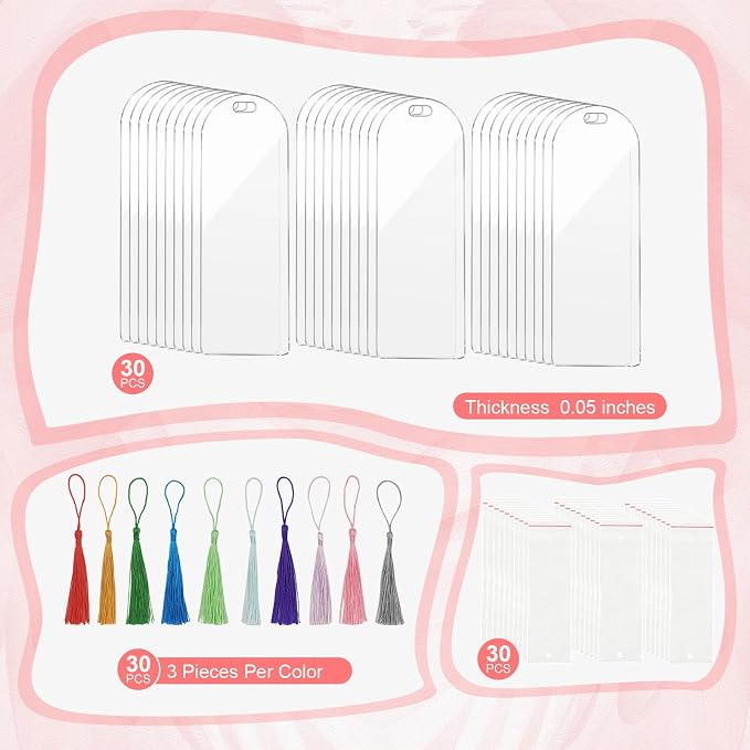 90Pcs Acrylic Bookmark Blanks Kit-30 Set Clear Acrylic Bookmarks 6" x 2" with 30 Tassels & 30 Self-Adhesive Bags,Acrylic Bookmark Bulk for DIY Bookmarks Crafting Project and Gift Tags(Semicircle)