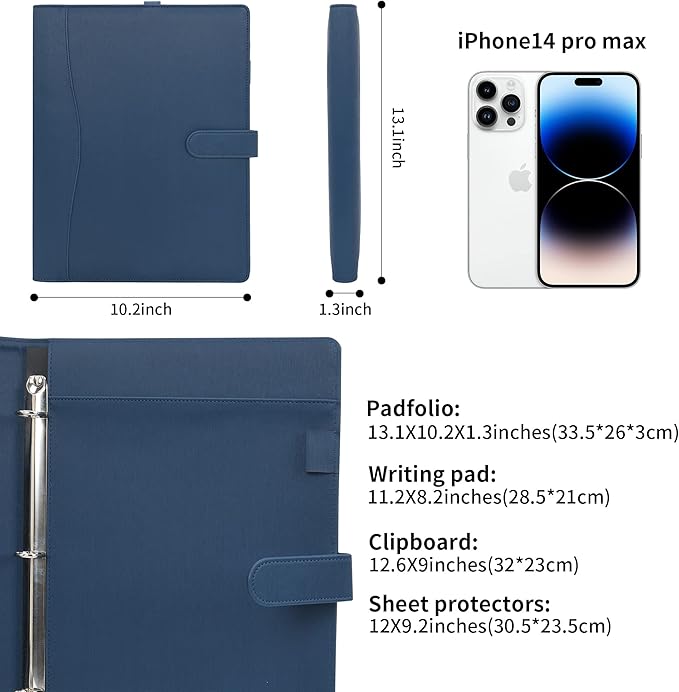 Wonderpool A4 PU Leather Portfolio Holder Ring File Document Case with Removable Binder Clipboard, Multi Pocket and Legal Pad for Business Organizer Interview and Meeting (Dark Blue)