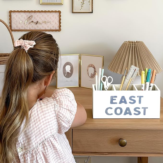 Blue Coastal Beach Pen Pencil Holder for Desk, Beach Office Decor, East Coast Coastal Cowgirl Beachy Wooden Box Sign Decorations for Girly Room Bedroom Dorm Office Desk Tabletop