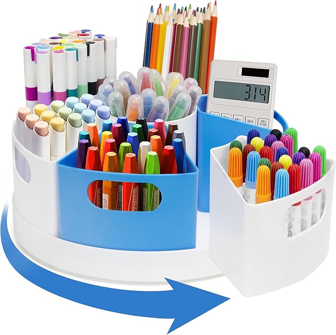 Rotating Art Supply Organizer Storage Caddy for Kids, 7 Bins Craft Crayon Marker Organizers for School Desk, Lazy Susan Pencil Holder for Classroom Organizations (blue and white)