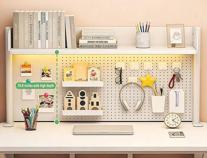 23.6 Inch Clip-on Desktop Organizer Bookshelf with Pegboard, Desk Shelf Organizer, Multipurpose Computer Desk Desktop Bookshelf, Desk Extender Pegboard Clamp, Desktop Display (White)